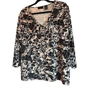 Apostrophe Woman Black Beige Floral Print V Neck 3/4 Sleeve Tunic‎ Top 16-18W